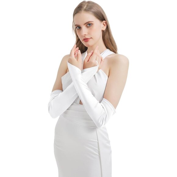 Women's White Fingerless Elbow Length Satin Long Gloves Halloween Cosplay - Picture 4 of 7